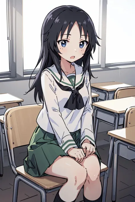 school, classroom, sitting on chair, yamagou ayumi, ooarai school uniform, black neckerchief, green skirt <lora:YamagouAyumi_v1b:1>