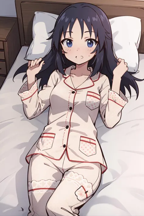 bedroom, lying, yamagou ayumi, pyjama <lora:YamagouAyumi_v1b:1>