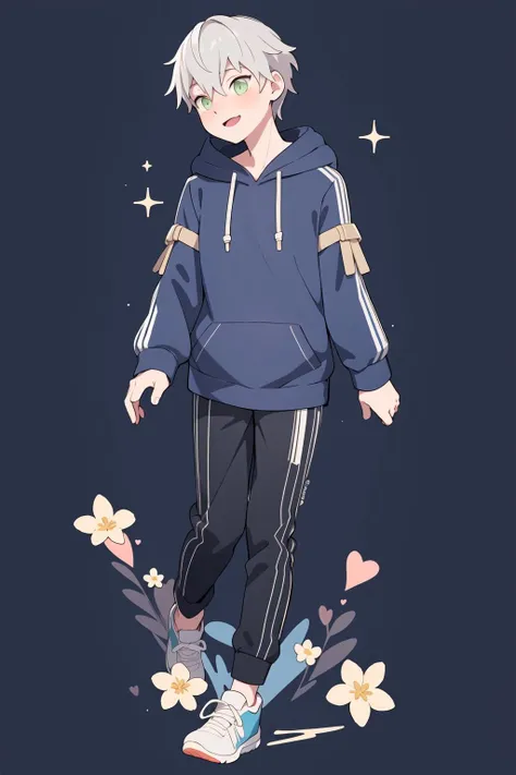 ((Masterpiece)), (best quality), (ashe), blue hoodie, simple blue background, dots, flowers, hearts, sparkles, full body, <lora:AsheAttempt7:0.9>, white hair, pale green eyes,