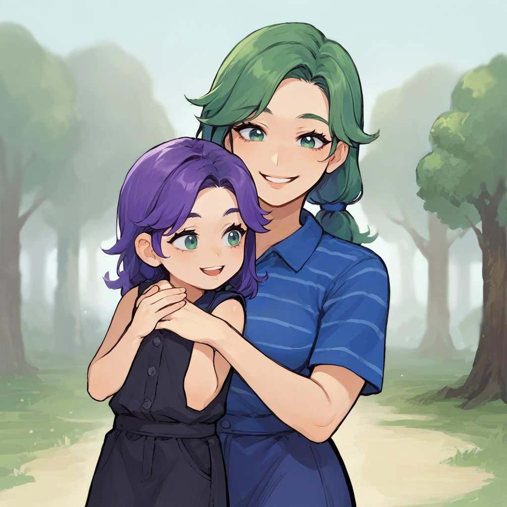 source_anime, score_9, score_8_up, solo, (2girls), hug, hugging outdoors, mother and daughter
BREAK source_anime, score_9, score_8_up, 1girl, solo, <lora:NSAbigailStardew:1> NSAbigailStardew, purple hair, blue eyes, long hair, parted bangs, black choker, blue vest, open vest, sleeveless, black shirt, skirt, black leggins, green hair ribbon, young, child, smile, open mouth
BREAK source_anime, score_9, score_8_up, solo, 1girl, <lora:NSCarolineStardew:1> NSCarolineStardew, green hair, green eyes, low twintails, mature, blue shirt, stripes, long purple skirt, smile