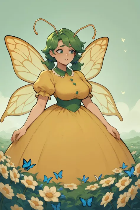 score_9, score_8_up, 1girl, <lora:NSCarolineStardew:1> NSCarolineStardew, Green hair, low twintails, short hair, mature, yellow dress, frills, puffy sleeves, yellow butterfly wings, antennae, giant flower