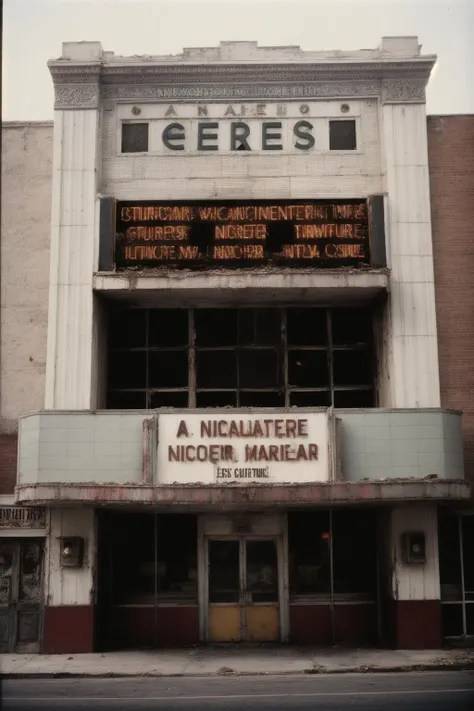 analog style photo, the exterior of an abandoned theater by NYCNinetiesNadir <lora:NYCNinetiesNadir-000003:0.8>, (high detailed:1.2), cinematic lighting, film grain
