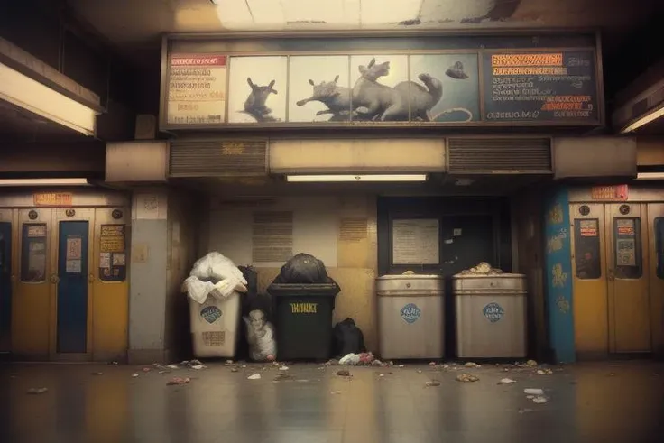 trash and rats in a metro station in New York City NYCNinetiesNadir <lora:NYCNinetiesNadir-000003:1.0>, cinematic lighting, film grain