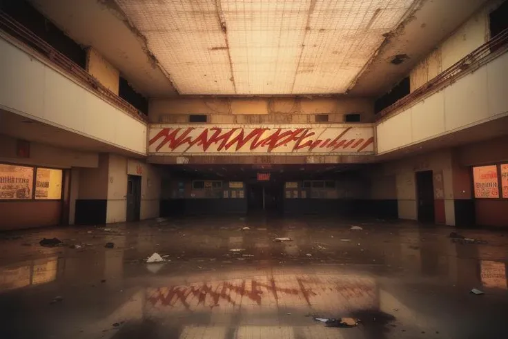 an abandoned mall in New York City NYCNinetiesNadir <lora:NYCNinetiesNadir-000003:1.0>, cinematic lighting, film grain