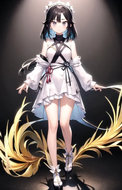 1girl, solo, black hair, streamer, masterpiece, best quality, black turtleneck, neonbeat, ((white background, vtuber-fullbody)), plain white background, <lora:vtuber-poses-05:1>  <lora:style_Neonbeat:1>