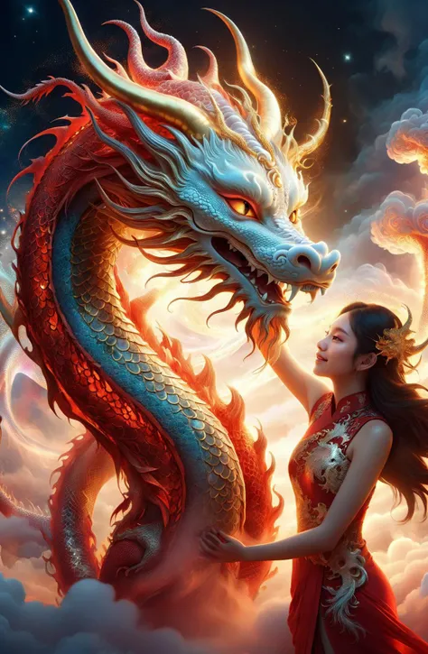amazing quality, masterpiece, best quality, hyper detailed, ultra detailed, UHD, DOF, depth of field, HDR, perfect anatomy
close up, dragon head portrait, (white hybrid gold) dragon, soaring through the clouds and mist, over the cloud,( sunset:1.2), mystical sky,
a girl standing with a dragon, touch the dragon, (stylish pose:1.2), joyful, hope light, background light, (caress:1.4),
outstretched arm, outstretched hand, looking at viewer, smile, beaming, wearing red cheongsam, hug the dragon,
glowing, dazzling, shine, translucent, long skit, long hair, wing blow, gold, (sparking, light particles:1.2),
<lora:add-detail-xl:1.0>,
<lora:Haute_CoutureXL:0.6> DTstyle,
<lora:SDXLRedGlitter:0.25>, RedGlitter,
<lora:EnvyBetterHiresFixXL01:0.85>,
<lora:extremely_detailed:1.0>, extremely detailed,
<lora:DonM3t3rn1tyXL-v1.1:0.6> DonM3t3rn1tyXL
<lora:zavy-chnsdrgn-sdxl:0.5>, zavy-chnsdrgn,
<lora:ClearHand-V2:2.0>
SK_Fantasy,