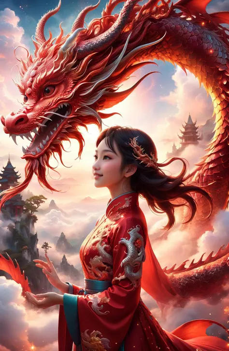 amazing quality, masterpiece, best quality, hyper detailed, ultra detailed, UHD, DOF, depth of field, HDR, perfect anatomy
close up, dragon head portrait, Soaring through the clouds and mist, over the cloud, sunset,
a girl standing with a dragon, touch the dragon, ( stylish pose:1.2), joyful, hope light, background light,( caress:1.4),
outstretched arm, outstretched hand, looking at viewer, smile, beaming, wearing red cheongsam, hug the dragon,
<lora:add-detail-xl:1.0>,
<lora:EnvyBetterHiresFixXL01:0.85>,
<lora:extremely_detailed:1.0>, extremely detailed,
<lora:SDXLRedGlitter:0.5>, RedGlitter,
<lora:zavy-chnsdrgn-sdxl:0.5>, zavy-chnsdrgn,
SK_Fantasy,
