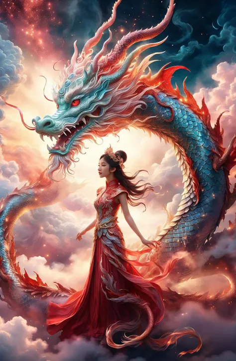 amazing quality, masterpiece, best quality, hyper detailed, ultra detailed, UHD, DOF, depth of field, HDR, perfect anatomy
close up, dragon head portrait, soaring through the clouds and mist, over the cloud, sunset, mystical sky,
a girl standing with a dragon, touch the dragon, (stylish pose:1.2), joyful, hope light, background light, (caress:1.4),
outstretched arm, outstretched hand, looking at viewer, smile, beaming, wearing cheongsam, hug the dragon,
glowing, dazzling, shine, translucent,
<lora:add-detail-xl:1.0>,
<lora:EnvyBetterHiresFixXL01:0.85>,
<lora:extremely_detailed:1.0>, extremely detailed,
<lora:SDXLRedGlitter:0.5>, RedGlitter,
<lora:EnvyInkSwirlXL01:0.6>, swirling ink,
<lora:zavy-chnsdrgn-sdxl:0.5>, zavy-chnsdrgn,
SK_Fantasy,