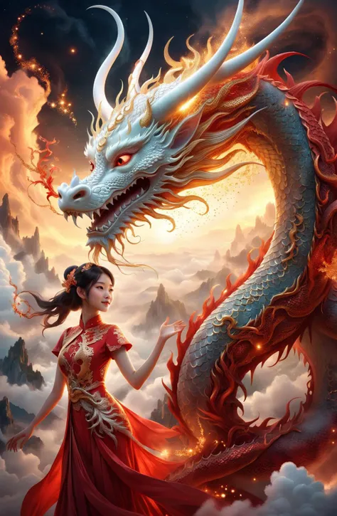 amazing quality, masterpiece, best quality, hyper detailed, ultra detailed, UHD, DOF, depth of field, HDR, perfect anatomy
close up, dragon head portrait, (white hybrid gold) dragon, soaring through the clouds and mist, over the cloud,( sunset:1.2), mystical sky,
a girl standing with a dragon, touch the dragon, (stylish pose:1.2), joyful, hope light, background light, (caress:1.4),
outstretched arm, outstretched hand, looking at viewer, smile, beaming, wearing red cheongsam, hug the dragon,
glowing, dazzling, shine, translucent, long skit, long hair, wing blow, gold, (sparking, light particles:1.2),
<lora:add-detail-xl:1.0>,
<lora:EnvyBetterHiresFixXL01:0.85>,
<lora:extremely_detailed:1.0>, extremely detailed,
<lora:Haute_CoutureXL:0.6>, DTstyle,
<lora:SDXLRedGlitter:0.3>, RedGlitter,
<lora:zavy-chnsdrgn-sdxl:0.5>, zavy-chnsdrgn,
SK_Fantasy,