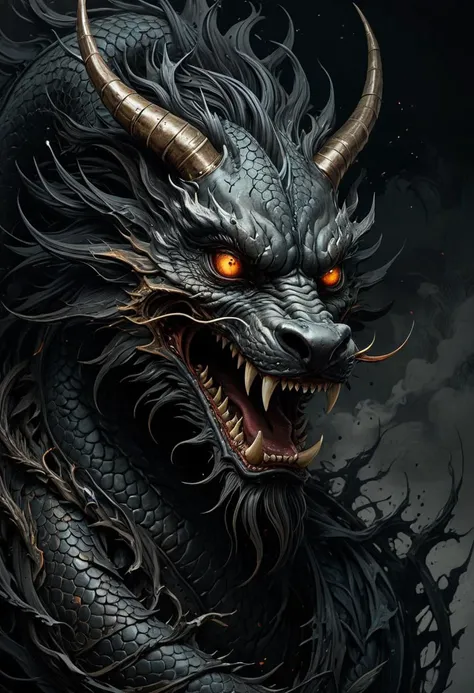 Surrealist art a chinese dragon, bold lines, hyper detailed, dark limited palette, chiaroscuro, <lora:zavy-chnsdrgn-sdxl:0.4> zavy-chnsdrgn, <lora:RussMillsXL:0.4> rsmls, surreal, abstract, dark, style of russ mills, . Dreamlike, mysterious, provocative, symbolic, intricate, detailed