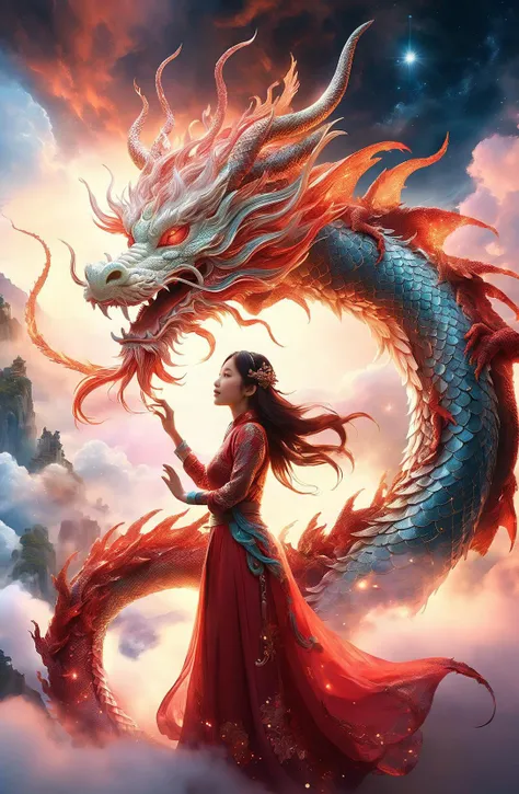 amazing quality, masterpiece, best quality, hyper detailed, ultra detailed, UHD, DOF, depth of field, HDR, perfect anatomy
close up, dragon head portrait, soaring through the clouds and mist, over the cloud, sunset, mystical sky,
a girl standing with a dragon, touch the dragon, (stylish pose:1.2), joyful, hope light, background light, (caress:1.4),
outstretched arm, outstretched hand, looking at viewer, smile, beaming, wearing cheongsam, hug the dragon,
glowing, dazzling, shine, translucent,
<lora:add-detail-xl:1.0>,
<lora:EnvyBetterHiresFixXL01:0.85>,
<lora:extremely_detailed:1.0>, extremely detailed,
<lora:SDXLRedGlitter:0.5>, RedGlitter,
<lora:zavy-chnsdrgn-sdxl:0.5>, zavy-chnsdrgn,
SK_Fantasy,