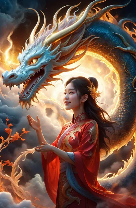 amazing quality, masterpiece, best quality, hyper detailed, ultra detailed, UHD, DOF, depth of field, HDR, perfect anatomy
close up, dragon head portrait, (white hybrid gold) dragon, soaring through the clouds and mist, over the cloud,( sunrise:1.2), mystical sky,
a girl standing with a dragon, touch the dragon, (stylish pose:1.2), joyful, hope light, background light, (caress:1.4),
outstretched arm, outstretched hand, looking at viewer, smile, beaming, wearing red cheongsam, hug the dragon,
glowing, dazzling, shine, translucent, long skit, long hair, wing blow, gold, (sparking, light particles:1.2),
<lora:add-detail-xl:0.75>,
<lora:Haute_CoutureXL:0.6> DTstyle,
<lora:EnvyBetterHiresFixXL01:1.0>,
<lora:extremely_detailed:1.2>, extremely detailed,
<lora:DonM3t3rn1tyXL-v1.1:0.75> DonM3t3rn1tyXL
<lora:zavy-chnsdrgn-sdxl:0.5>, zavy-chnsdrgn,
<lora:ClearHand-V2:1.0>
SK_Fantasy,