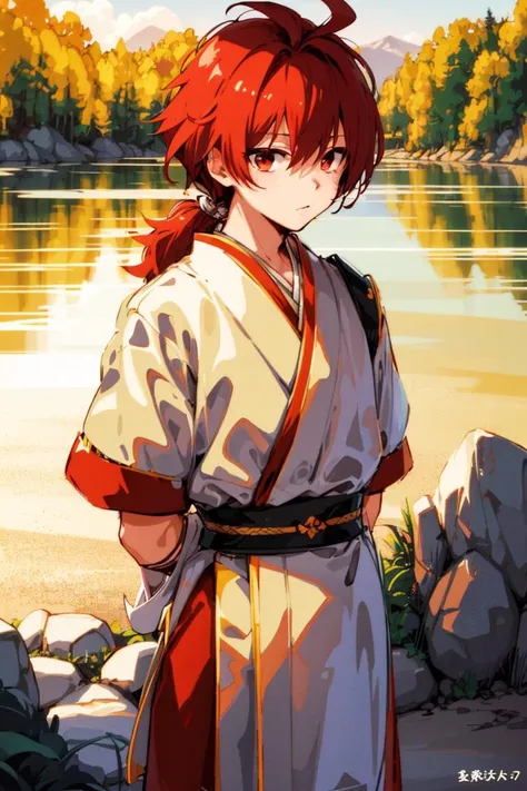 Shizumaru Hisame,1boy,solo,red hair,male focus,red japanese clothes,arms behind back,<lora:Shizumaru Hisame_ç·é¨é丸:0.8>,, (masterpiece), (best quality), HDR, intricate detail,