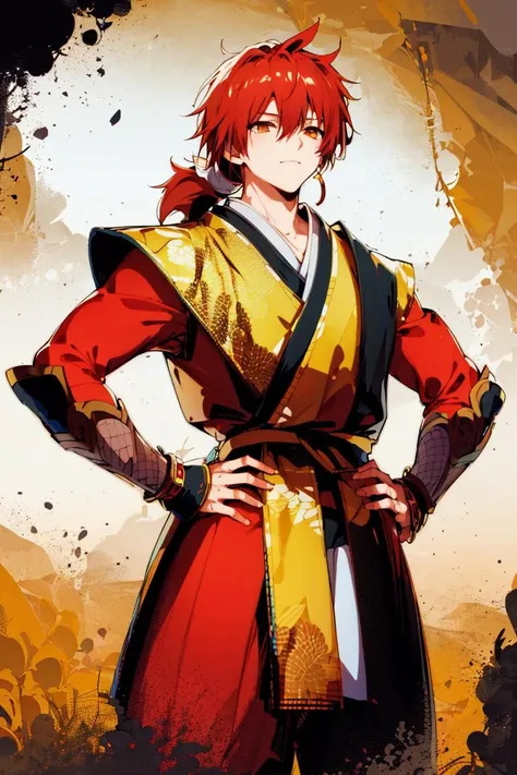 Shizumaru Hisame,1boy,solo,red hair,short ponytail,male focus,red japanese clothes,hands on hips,upper_body,<lora:Shizumaru Hisame_ç·é¨é丸:0.9>,, (masterpiece), (best quality), HDR, intricate detail,