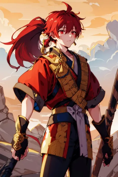 Shizumaru Hisame,1boy,solo,red hair,red eyes,male focus,gloves,ponytail,simple background,stand,long hair,<lora:Shizumaru Hisame_ç·é¨éä¸¸:0.8>,, (masterpiece), (best quality), HDR, intricate detail,