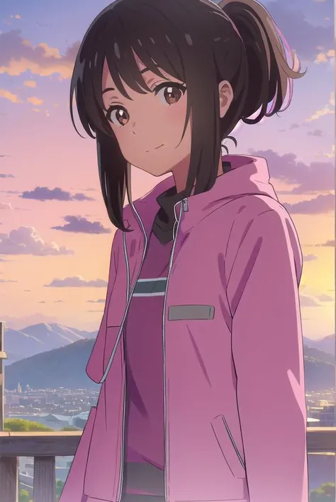 mitsuhamiyamizu, <lora:mitsuha miyamizu movie-lora-nochekaiser:1>,
mitsuha miyamizu, black hair, (brown eyes:1.5), smile,
BREAK medium hair, ponytail, sidelocks, jacket, (pink jacket:1.5), hoodie, zipper, track pants, blue pants,
BREAK outdoors, nature, forest, sky, cloud, sky,
BREAK looking at viewer, (cowboy shot:1.5),
BREAK <lyco:GoodHands-beta2:1>, (masterpiece:1.2), best quality, high resolution, unity 8k wallpaper, (illustration:0.8), (beautiful detailed eyes:1.6), extremely detailed face, perfect lighting, extremely detailed CG, (perfect hands, perfect anatomy),