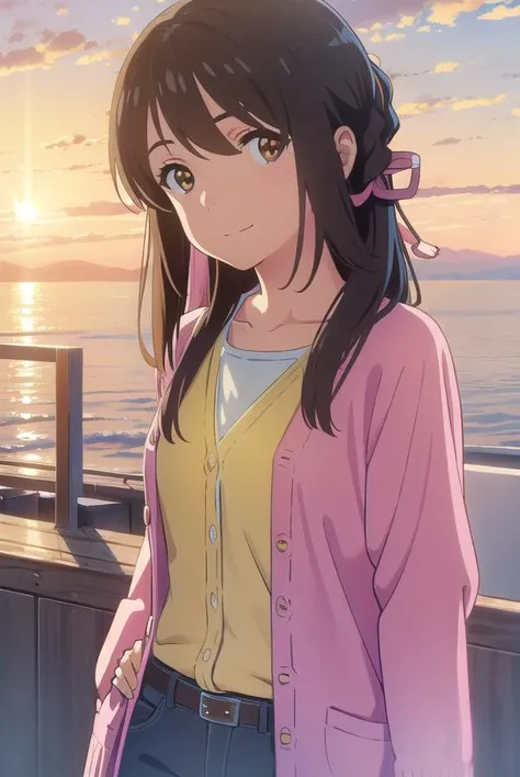 mitsuhamiyamizu, <lora:mitsuha miyamizu movie-lora-nochekaiser:1>,
mitsuha miyamizu, black hair, (brown eyes:1.5), smile,
BREAK long hair, straight hair, braid, hair ribbon, cardigan, (pink cardigan:1.5), shirt, (yellow shirt:1.5), belt, pants, orange pants, necklace, collarbone,
BREAK outdoors, city, sky, clouds, sun,
BREAK looking at viewer, (cowboy shot:1.5),
BREAK <lyco:GoodHands-beta2:1>, (masterpiece:1.2), best quality, high resolution, unity 8k wallpaper, (illustration:0.8), (beautiful detailed eyes:1.6), extremely detailed face, perfect lighting, extremely detailed CG, (perfect hands, perfect anatomy),