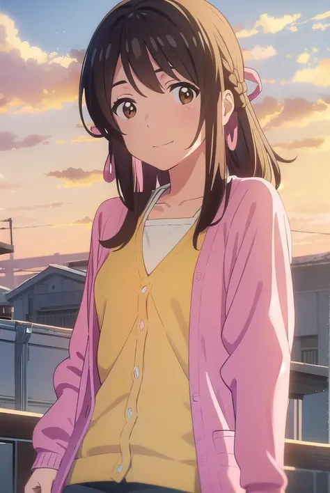 mitsuhamiyamizu, <lora:mitsuha miyamizu movie-lora-nochekaiser:1>,
mitsuha miyamizu, black hair, (brown eyes:1.5), smile,
BREAK long hair, straight hair, braid, hair ribbon, cardigan, (pink cardigan:1.5), shirt, (yellow shirt:1.5), belt, pants, orange pants, necklace, collarbone,
BREAK outdoors, city, sky, clouds, sun,
BREAK looking at viewer, (cowboy shot:1.5),
BREAK <lyco:GoodHands-beta2:1>, (masterpiece:1.2), best quality, high resolution, unity 8k wallpaper, (illustration:0.8), (beautiful detailed eyes:1.6), extremely detailed face, perfect lighting, extremely detailed CG, (perfect hands, perfect anatomy),