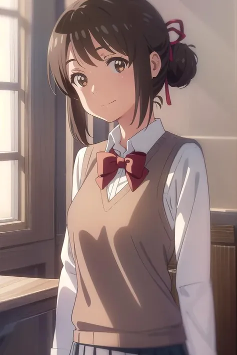 mitsuhamiyamizu, <lora:mitsuha miyamizu movie-lora-nochekaiser:1>,
mitsuha miyamizu, black hair, (brown eyes:1.5), smile,
BREAK short hair, bow, ribbon, hair bun, school uniform, hair ribbon, bowtie, red ribbon, sweater vest, (light brown sweater:1.5), shirt, white shirt, collared shirt, long sleeves, skirt, black skirt, pleated skirt,
BREAK indoors, classroom,
BREAK looking at viewer, (cowboy shot:1.5),
BREAK <lyco:GoodHands-beta2:1>, (masterpiece:1.2), best quality, high resolution, unity 8k wallpaper, (illustration:0.8), (beautiful detailed eyes:1.6), extremely detailed face, perfect lighting, extremely detailed CG, (perfect hands, perfect anatomy),