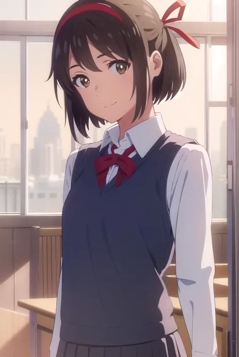 mitsuhamiyamizu, <lora:mitsuha miyamizu movie-lora-nochekaiser:1>,
mitsuha miyamizu, black hair, (brown eyes:1.5), smile,
BREAK short hair, hairband, ribbon, school uniform, hair ribbon, red ribbon, sweater vest, blue sweater vest, shirt, white shirt, collared shirt, long sleeves, skirt, black skirt, pleated skirt,
BREAK indoors, classroom,
BREAK looking at viewer, (cowboy shot:1.5),
BREAK <lyco:GoodHands-beta2:1>, (masterpiece:1.2), best quality, high resolution, unity 8k wallpaper, (illustration:0.8), (beautiful detailed eyes:1.6), extremely detailed face, perfect lighting, extremely detailed CG, (perfect hands, perfect anatomy),