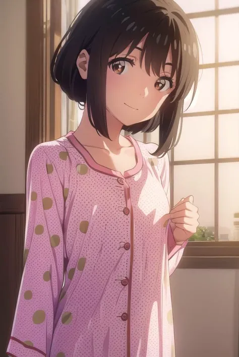 shinkai makoto, kimi no na wa., 1 girl in, bangs, black hair, blush, brown eyes, Cute pajamas, dressing gown, short hair, a smile, solo, A delightful!, (small tits), Sleeping in large letters, Upper body portrait