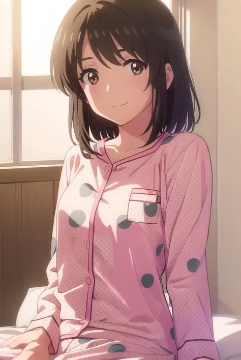mitsuhamiyamizu, <lora:mitsuha miyamizu movie-lora-nochekaiser:1>,
mitsuha miyamizu, black hair, (brown eyes:1.5), smile,
BREAK medium hair, (polka dot:1.5), pajamas, (pink pajamas:1.5), (polka dot pajamas:1.5),
BREAK indoors, bed,
BREAK looking at viewer, (cowboy shot:1.5),
BREAK <lyco:GoodHands-beta2:1>, (masterpiece:1.2), best quality, high resolution, unity 8k wallpaper, (illustration:0.8), (beautiful detailed eyes:1.6), extremely detailed face, perfect lighting, extremely detailed CG, (perfect hands, perfect anatomy),