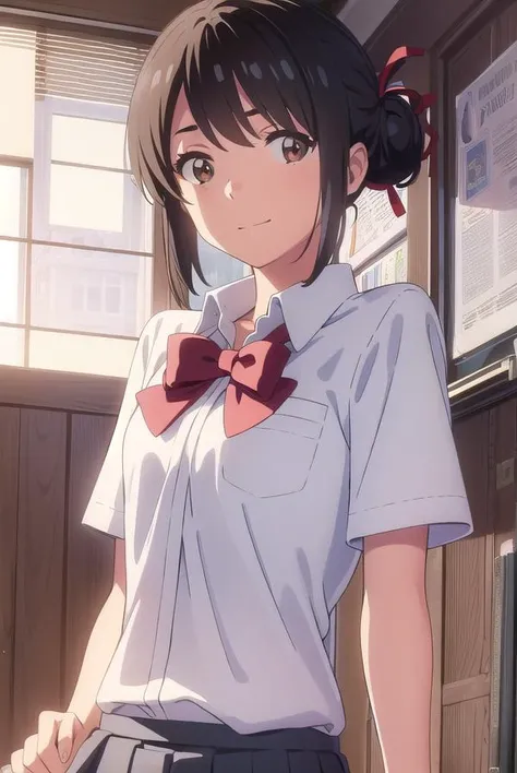 mitsuhamiyamizu, <lora:mitsuha miyamizu movie-lora-nochekaiser:1>,
mitsuha miyamizu, black hair, (brown eyes:1.5), smile,
BREAK short hair, bow, ribbon, hair bun, school uniform, hair ribbon, bowtie, red ribbon, shirt, white shirt, collared shirt, short sleeves, skirt, black skirt, pleated skirt,
BREAK indoors, classroom,
BREAK looking at viewer, (cowboy shot:1.5),
BREAK <lyco:GoodHands-beta2:1>, (masterpiece:1.2), best quality, high resolution, unity 8k wallpaper, (illustration:0.8), (beautiful detailed eyes:1.6), extremely detailed face, perfect lighting, extremely detailed CG, (perfect hands, perfect anatomy),