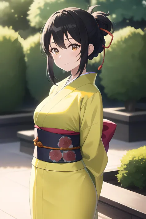 mitsuha miyamizu, (best quality) , ((masterpiece)), extremely detailed, unity ,2k wallpaper, amazing, finely detail, masterpiece, best quality, extremely detailed 8k wallpaper, huge file size , ultra-detailed, highres, extremely detailed, detailed face, (1girl), light on face, look at viewer, finely detailed beautiful eyes, black hair, hair ribbon, brown eyes, (small breasts:0.95), solo, slim body, slim thighs, light smile, sunshine light, outdoor, Japanese garden, zen garden, (elegant floral kimono outfit), standing, (arms behind back:1.1), <lora:mitsuhatest:1>