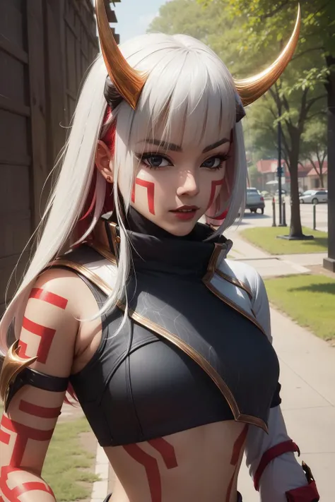 (masterpiece, best quality:1.2), intricate details, <lora:inkshadow_kai'sa-000012:1>, inkshadow kai'sa, 1girl, long hair, facial mark, crop top, horns, tattoo, bangs, multicolored hair, white hair, red hair, outdoors