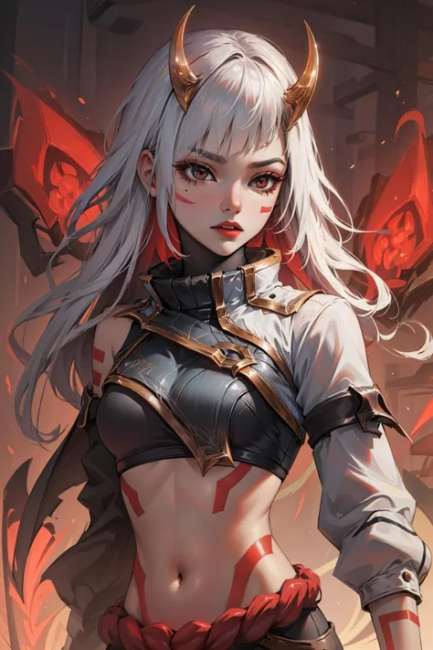 (masterpiece, best quality:1.2), intricate details, <lora:inkshadow_kai'sa-000012:0.8>, inkshadow kai'sa, 1girl, long hair, facial mark, crop top, horns, tattoo, bangs, multicolored hair, white hair, red hair