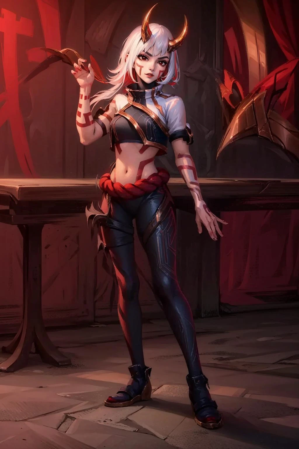 (masterpiece, best quality:1.2), intricate details, <lora:inkshadow_kai'sa:1>, inkshadow kai'sa, 1girl, (multicolor hair, red hair, white hair), bangs, long hair, facial mark, crop top, tattoo, horns, full body,