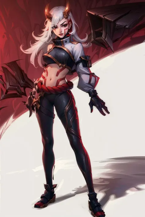 (masterpiece, best quality:1.2), intricate details, <lora:inkshadow_kai'sa:1>, inkshadow kai'sa, 1girl, (multicolor hair, red hair, white hair), bangs, long hair, facial mark, crop top, tattoo, horns, full body,