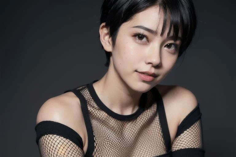 spiky bald hairstyle, short hair, mexican skin, gloves, Fishnet tight, fishnet crop top military, 1girl ,dark black hair, ((hair cut super short,)), soft Brown eyes, smile lips, hold thicc