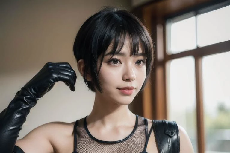 spiky bald hairstyle, short hair, mexican skin, gloves, Fishnet tight, fishnet crop top military, 1girl ,dark black hair, ((hair cut super short,)), soft Brown eyes, smile lips, hold a bomb botton