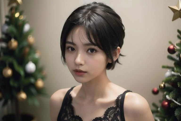 spiky bald hairstyle, (looking front), short hair, mexican skin, fishnet Xmas clothes, chrismas outfit fluffy, mexican girl ,(black hair), ((hair cut sper short,)), Brown eyes, big lips, full body