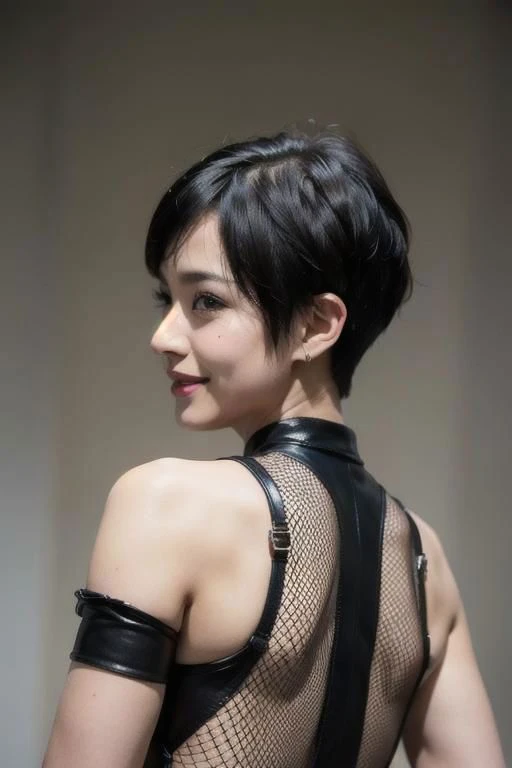 spiky bald hairstyle, short hair, mexican skin, gloves, Fishnet tight, fishnet crop top military, 1girl ,dark black hair, ((hair cut super short,)), soft Brown eyes, smile lips, rear view