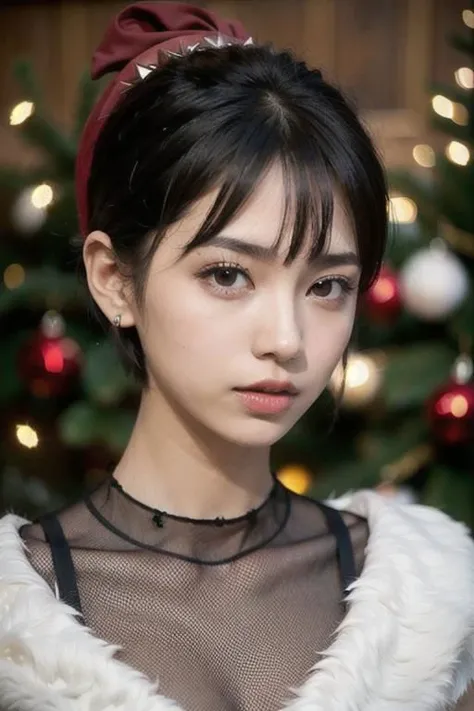 spiky bald hairstyle, (looking front), short hair, mexican skin, fishnet Xmas clothes, chrismas outfit fluffy, mexican girl ,(black hair), ((hair cut sper short,)), Brown eyes, big lips, full body