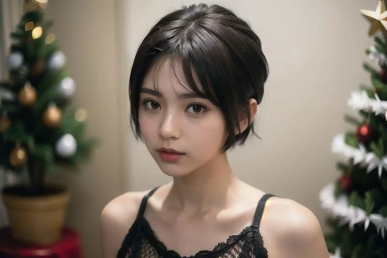 spiky bald hairstyle, (looking front), short hair, mexican skin, fishnet Xmas clothes, chrismas outfit fluffy, mexican girl ,(black hair), ((hair cut sper short,)), Brown eyes, big lips, relax theme