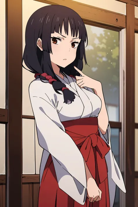 anime coloring, 1girl, solo, photo_focus, utahime, brown eyes, black hair, (hime_cut) , long hair, japanese clothes, twintails, miko, hakama, red hakama, hakama skirt, kimono,
<lora:Utahime:0.8>