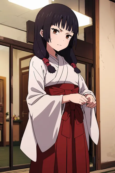 anime coloring, 1girl, solo, photo_focus, utahime, brown eyes, black hair, (hime_cut) , long hair, japanese clothes, twintails, miko, hakama, red hakama, hakama skirt, kimono,
<lora:Utahime:0.8>