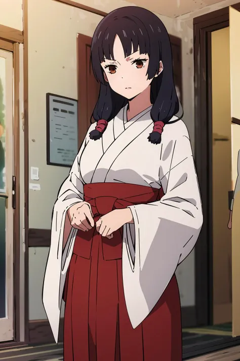 anime coloring, 1girl, solo, photo_focus, utahime, brown eyes, black hair, (hime_cut) , japanese clothes, twintails, miko, hakama, red hakama, hakama skirt, kimono,
<lora:Utahime:0.8>
