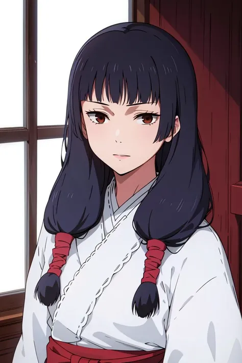 masterpiece, ((ultra detailed background, delicate pattern, intricate detail)), (highly detailed, fine details), best quality, beautiful lighting, ((medium breasts, slim girl)), Utahime, 1girl, solo, black hair, long hair, brown eyes, japanese clothes, twintails, miko, blunt bangs, red hakama, complex detailed background, inside, castle room environment, medieval castle, gray walls, window, bookshelf, (close-up, portrait), <lora:Utahime:0.75>