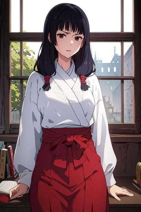 masterpiece, ((ultra detailed background, delicate pattern, intricate detail)), (highly detailed, fine details), best quality, beautiful lighting, ((medium breasts, slim girl)), Utahime, 1girl, solo, black hair, long hair, brown eyes, japanese clothes, twintails, miko, blunt bangs, red hakama, complex detailed background, inside, castle room environment, medieval castle, gray walls, window, bookshelf, (cowboy shot), <lora:Utahime:0.75>