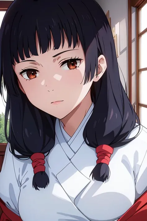 masterpiece, ((ultra detailed background, delicate pattern, intricate detail)), (highly detailed, fine details), best quality, beautiful lighting, ((medium breasts, slim girl)), Utahime, 1girl, solo, black hair, long hair, brown eyes, japanese clothes, twintails, miko, blunt bangs, red hakama, complex detailed background, inside, castle room environment, medieval castle, gray walls, window, bookshelf, (close-up, portrait), <lora:Utahime:0.75>