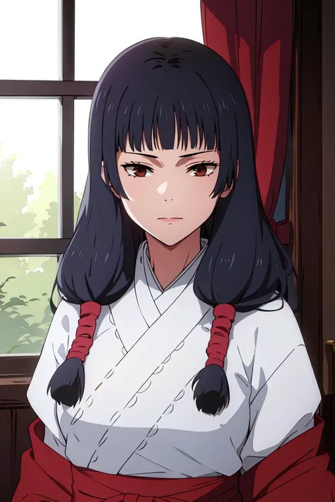 masterpiece, ((ultra detailed background, delicate pattern, intricate detail)), (highly detailed, fine details), best quality, beautiful lighting, ((medium breasts, slim girl)), Utahime, 1girl, solo, black hair, long hair, brown eyes, japanese clothes, twintails, miko, blunt bangs, red hakama, complex detailed background, inside, castle room environment, medieval castle, gray walls, window, bookshelf, (close-up, portrait), <lora:Utahime:0.75>