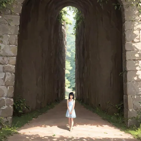photorealistic oil painting, long hair, black hair, orange eyes, flat chest, blunt bangs
BREAK full body, babydoll, barefoot
BREAK walking in a (circular tunnel, tunnel made of leaves, railroad tracks:1.25), dappled sunlight, moss, grass, gravel, natural tunnel