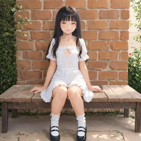 photorealistic oil painting, long hair, black hair, orange eyes, flat chest, blunt bangs
BREAK full body, lace overlay dress, u-neck lace design, breast cutout, short lace sleeves, short skirt with lace trim, black ribbon, Mary Janes, ruffled socks, shiny shoes
BREAK sitting on a wooden bench in a garden, ivy on a brick wall, window, dabbled sunlight, stone path, roses, outside a house, white picket fence, vines, flower bed, seated
