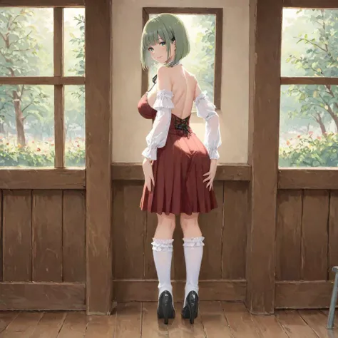 oil painting, (art by Monet:1.4), light green hair, green eyes, bob cut, blunt bangs
BREAK full body, lace overlay dress, u-neck lace design, breast cutout, short lace sleeves, short skirt with lace trim, black ribbon, Mary Janes, ruffled socks, shiny shoes
BREAK (from behind, looking over shoulder, hand on own butt:1.2), inside a bus, blue seats, streets, cars, houses, windows, windmill on a hill, handrails, natural lighting, half-closed eyes