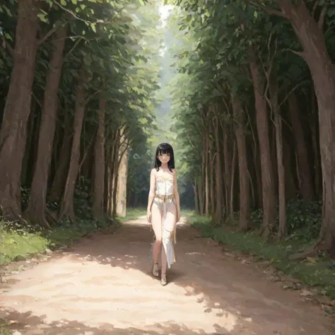 photorealistic oil painting, long hair, black hair, orange eyes, flat chest, blunt bangs
BREAK full body, pelvic curtain with gold trim, gold sandals, strapless
BREAK walking in a (circular tunnel, tunnel made of leaves, railroad tracks:1.25), dappled sunlight, moss, grass, gravel, natural tunnel