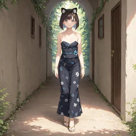 ukiyo-e style, brown hair, light blue eyes, bob cut, asymmetric bangs, ahoge, fake cat ears, small breasts
BREAK full body, strapless gown, black kimono with gold trim, white sash, zouri, tabi, floral patterns, gold hair ornaments, golden sandals, anklet, bracelet, earrings, floral hair accessories
BREAK walking in a (circular tunnel, tunnel made of leaves, railroad tracks:1.25), dappled sunlight, moss, grass, gravel, natural tunnel
